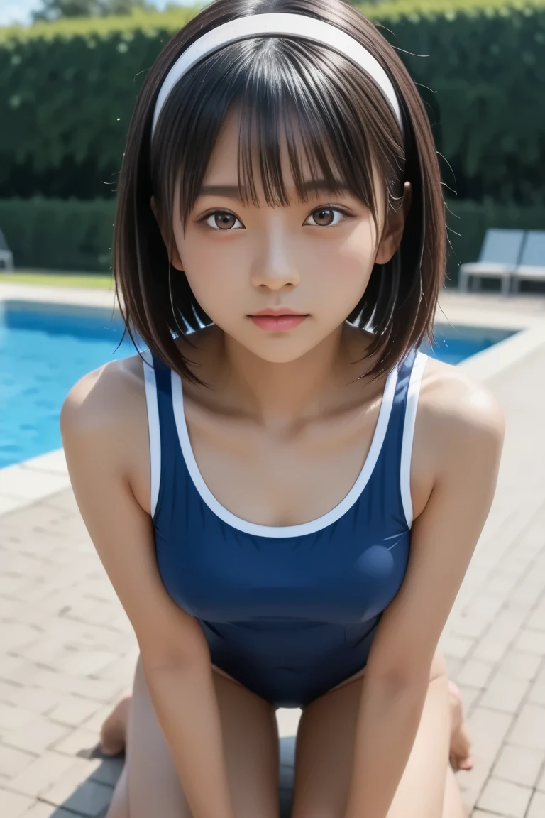 Sexy Woman, Very deep blush, Red nose tip, Long neck,Medium Chest, Visible Cracks,Warm lighting ,look up、Open your eyes、Navy School Swimsuit、bangs