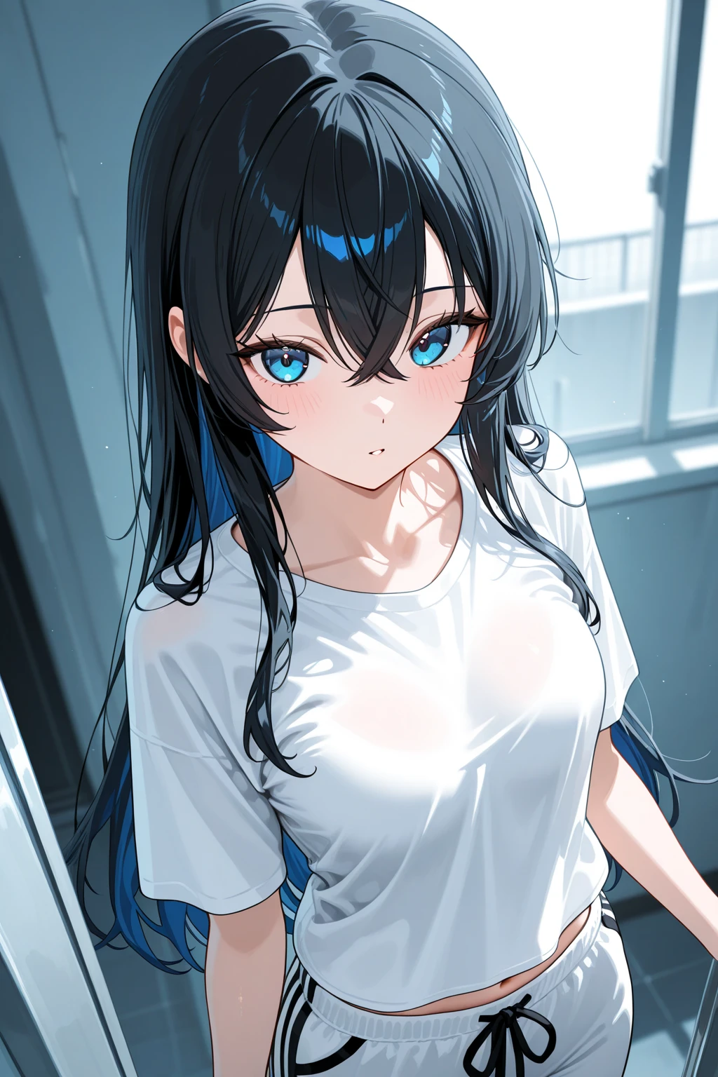 ((masterpiece:1.4)), ((highest quality:1.4)), ((masterpiece)), ((highest quality)), ((Intricate and detailed:1.4)), ((Super detailed)),(See through:1.1),white serafuku,(Cowboy Shot),Gym suit, Dark blue gym bloomers,White shirt,(((Sweat))),(Wet with water),(Long nipples),(Nipples are visible), View the viewer, Insanity, Black Hair,(Long Hair), (Straight Hair),blush, Beautiful and detailed eyes, Sexy Face, (Big eyes:1.1), Beautiful Eyes, Super detailedな目,I shine,Elevation: Firm breasts,Smiling Kindly,tired, Exhausted,Sweat, Sweating, Sweating loads, 