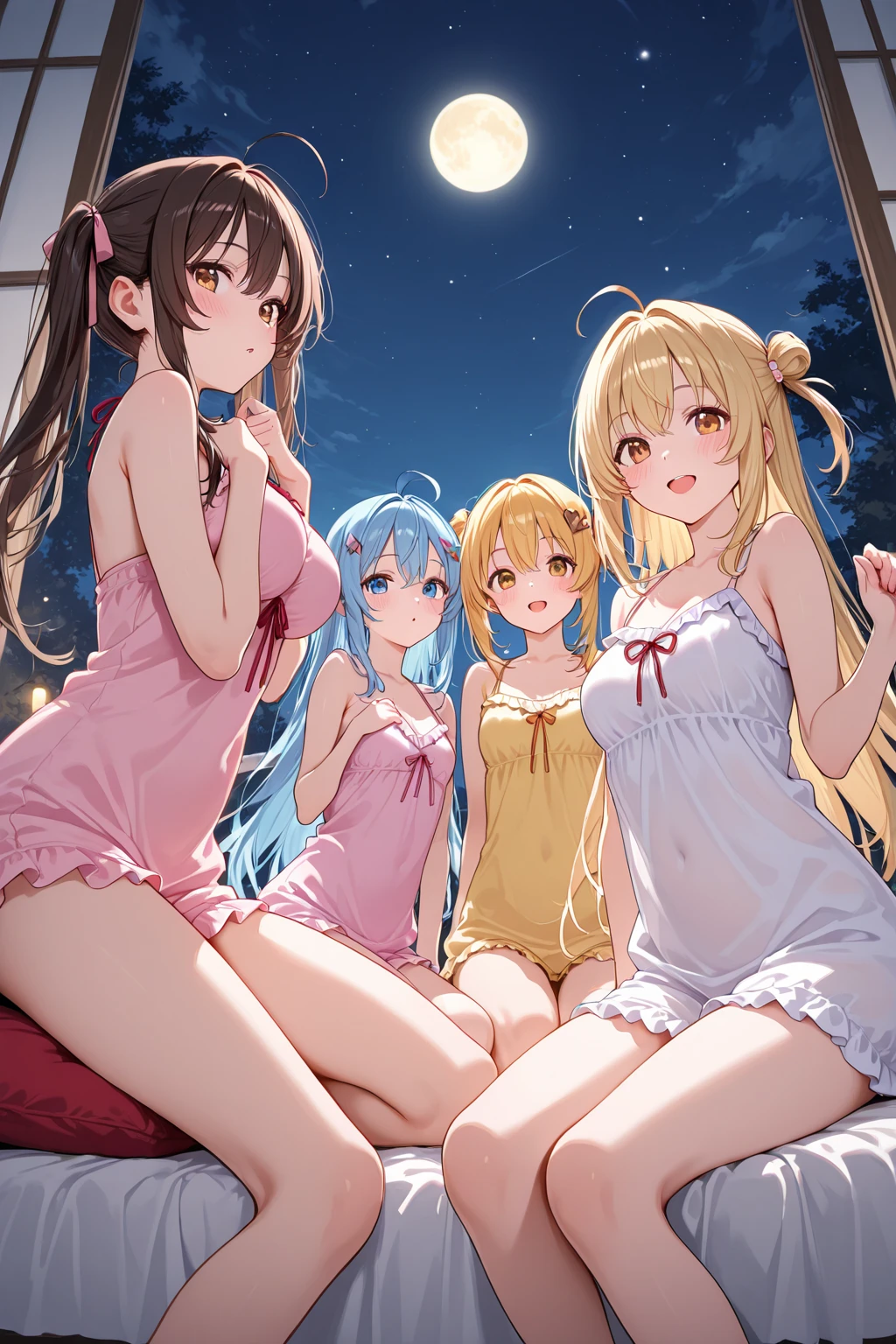(Harem:1.2),4girls,quartet,squad,cowboyshot,pov,beautiful detailed eyes, detailed lips, long eyelashes, bright and vibrant colors, natural lighting,(best quality, 4k, highres), ultra-detailed, soft and smooth texture, no distractions, dreamlike sensation, slight bokeh effect,highlighting her figure,deformed and independented breasts,side by side,Different posing,surrounded by girls,(small breasts:0.5),Attractive girls,longing,(public facility:1.3),pajama party,on small bed,young