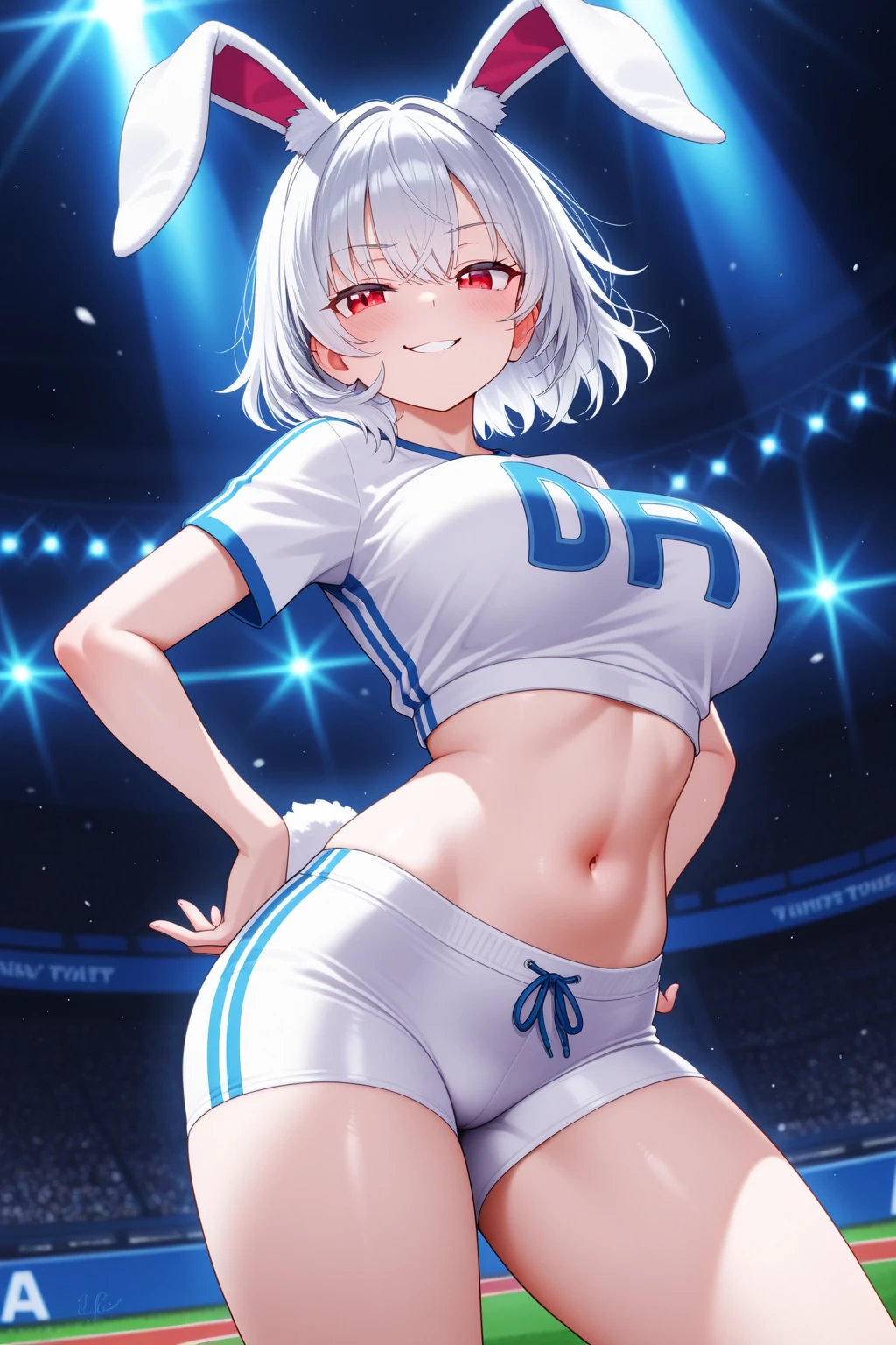 1girl, dark skin, dark-skinned female, white hair, very short hair, blue eyes, large breasts, breasts, wide hips, thick thighs, wide hips, mature female, toned, tall, smile, bikini, highleg bikini, highleg, white bikini, blue trim, ((baseball bat)), baseball bat, baseball cap, cap, hat, stadium, smile, elbow gloves, jacket, cropped jacket