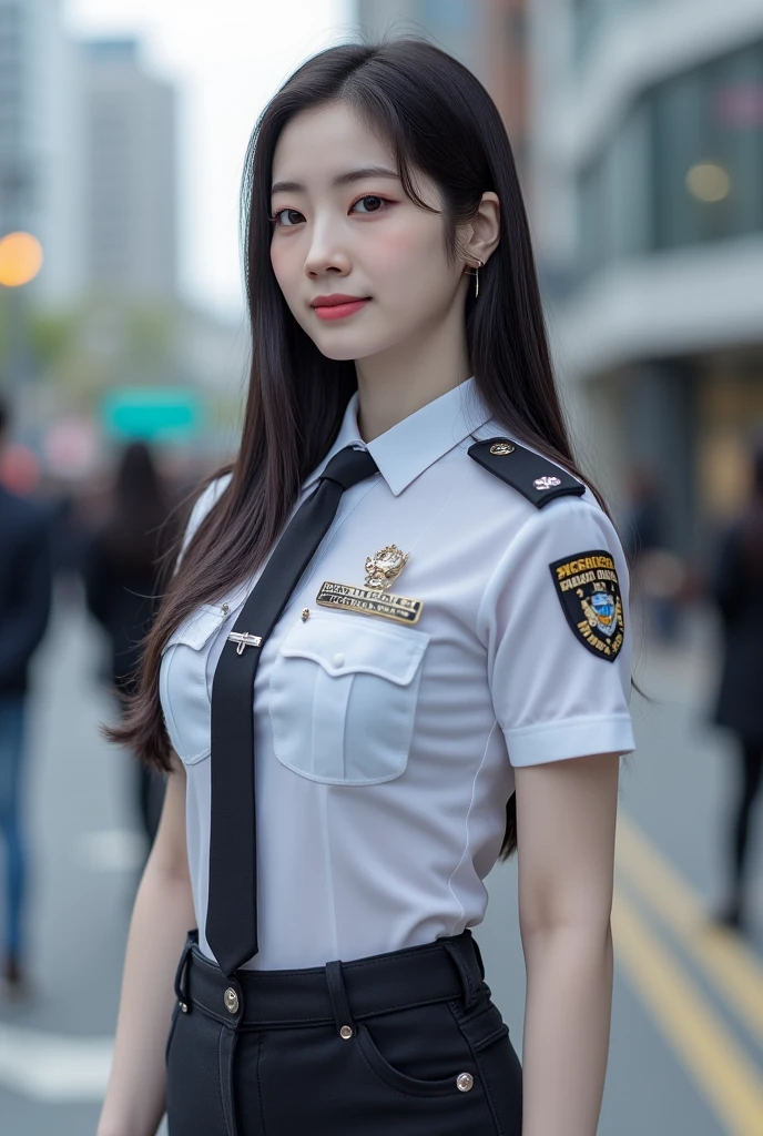 ((top quality, 8k, masterpiece: 1.3)), beauty, 1 girl, big: 1.3, (abs, slender figure: 1.1), dark brown hair, (wet from rain, wet body: 1.1), ultra detailed face, detailed lips, detailed eyes, double eyelids, mini skirt, ((policewoman)), (police uniform), detailed police car interior, police car, passenger seat, baton, handcuffs, handgun, Just a little, embarrassed, blushing, embarrassed, the car is filled with sensual eros,