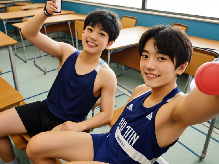 Top Quality, Ultra High Definition, (Real: 1.4), Bust Photo, 1 Asian Boy, Shirtless, Cotton Dark Blue Underwear, Little Boy in Classroom, 11 Years Old, Slim, Navel, Puffy Crotch,