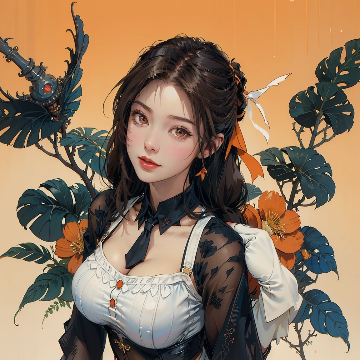 Official Art, Unity 8k wallpaper, Ultra detailed, Beautiful and aesthetic, Masterpiece, Top Quality, (Zentangle, Mandala, Entanglement, Entanglement), (Flower ecstasy:1.2), (Fractal Art:1.3), (Flowers blooming from a girl's head), 1girl, upper body, (with thorns wrapped around her head), blossoms on thorn vines, hands holding flowers, extreme detail, dynamic angles, cowboy shots, most beautiful forms chaos, elegance, brutal design, vivid colors, romanticism, many floral decorations in the hair, fallen leaves, whirlwind, (looking back at the viewer), extremely realistic faces, detailed faces, detailed noses, detailed lips, intricate clothes, intricate backgrounds, wavy hair, fluttering hems,