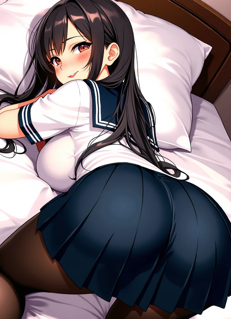 looking at the camera、Super erotic images、Sit on the bed、Sailor suit、Feel-good images、Sexy Images、For adults、A man touches her vagina from behind、A man touches her breasts from behind、A man has sex from behind