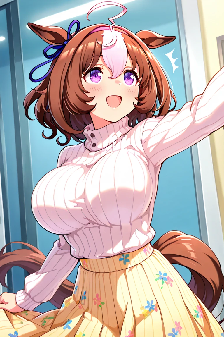 (masterpiece, best quality:1.2), cowboy shot, solo, 1girl, nicenature, nicenatureuniform, horse ears, smile, looking at viewer, arms behind back, jewelry, , huge breasts, street, fishnet thighhighs, shiny cloth, cleavage, nsfw