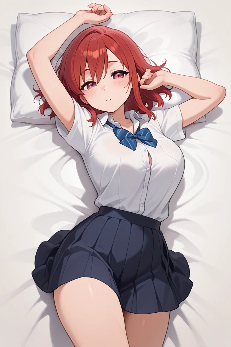 Four-leaf girlfriend, Nakano Yotsuba, Bangs, Short Hair, Blue Eyes, Hair between the eyes, Hair Ribbon, hair band, Orange Hair, Green ribbon,Big Breasts、With legs open in bed、White underwear from the uniform skirt