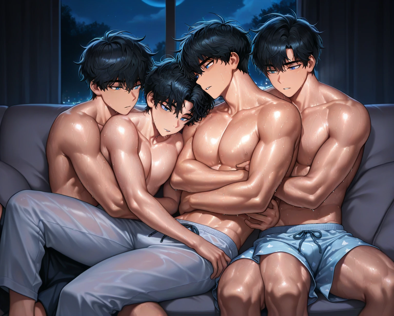 Anime style, oil painting, in the style of Caravaggio, a young man Samodelkin Hugging with a American football players. handsome young man 18 years old, daring look, nudeboy, visible thong strings Lace of underwear, full length, no outerwear, aesthetics of the male body, big hips, full height