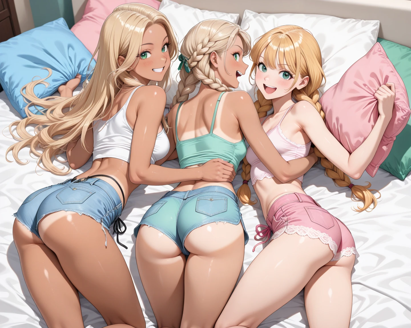 4 elf girls one brown hair one blonde hair one light blue and one pink, sexy lingerie, horny elf girl, in bed, sexy pose, butt and feet pic, one laying on the other one, fat ass