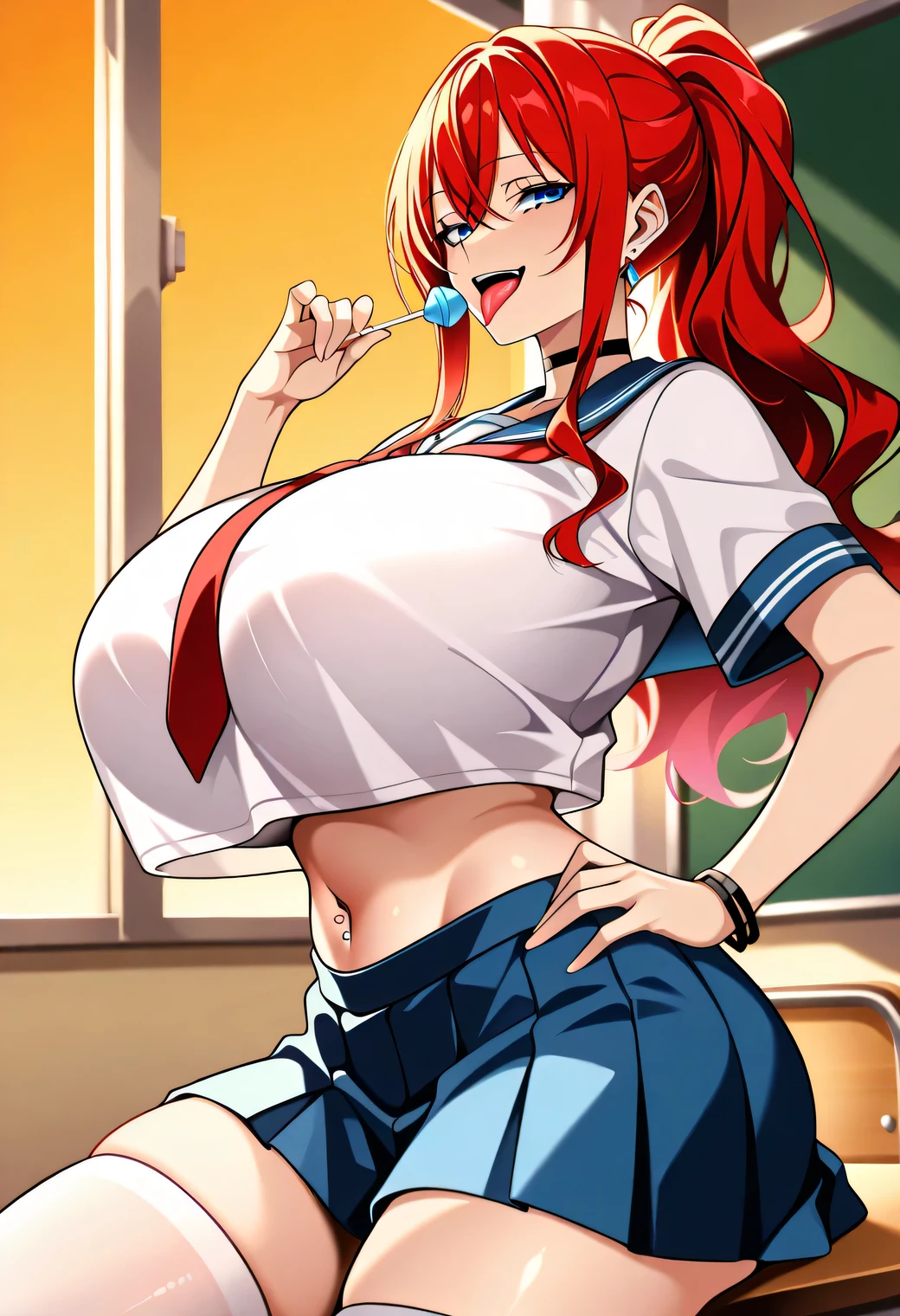 ((masterpiece)), ((best quality)), ultra detailed, detailed background, orange hair, Long Hair , green eyes, thin eyes, extreme large breast, long hair,, highest details, sexy, focus, Alluring, long legs, ((breasts shot)), (((wearing a  school uniform cosplay ))), hentai style, sensual smile, erotic, erotic body, sexually suggestive, hentai body, sensual pose, naughty face, aroused body, , (tits focus)),sitting on a desk