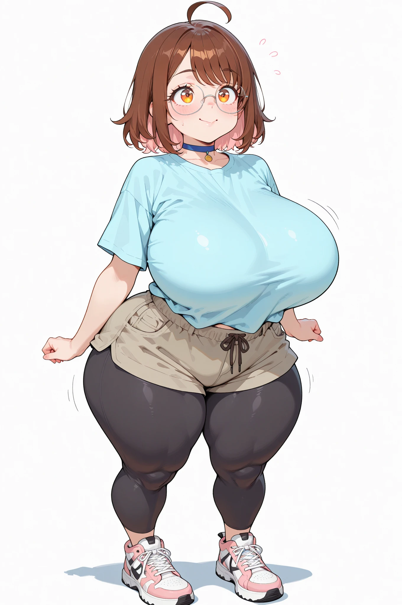 ((best quality)), ((masterpiece)), (detailed), Undertale Frisk, brown hair, (brown shorts:1.3), bob cut, short hair, black pantyhose, (blue shirt:1.3), yellow eyes, (1girl:1.3), (solo:1.3), striped, striped shirt, smiling, flower crown, (large breasts:1.6), (large hips:1.6)
