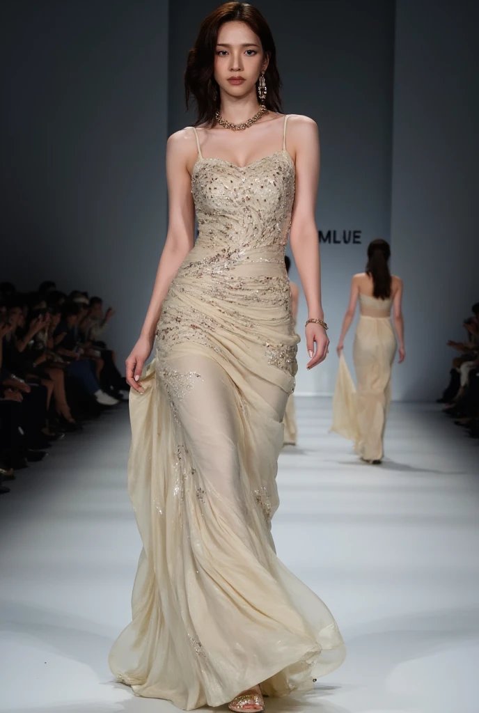Rihanna "a majestic, Ethereal goddess with voluminous brown hair, americana、Decorated with flowy white wedding dresses, Fly gracefully above the enchanting crowds, Show off your modeling skills on epic catwalks."