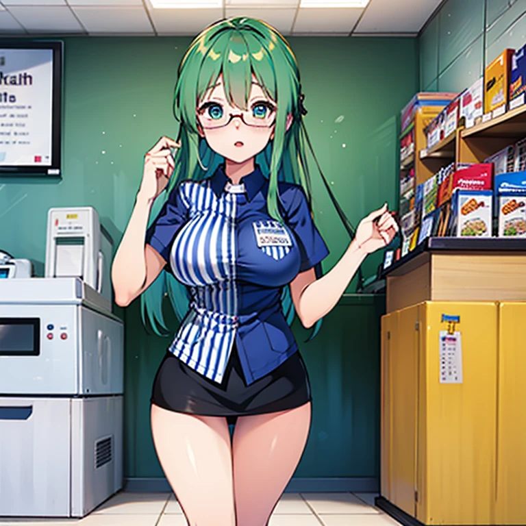 Highest quality、super high quality、16K, Delicious breasts、topless、Nipples、Facial expressions are random、The place is a convenience store、 Her hair color is green.、The pose is eating something、The distance is random、Angle from below、Small face、Very delicate facial expressions、Delicate eye depiction、Highly detailed hair、Erotic、18-year-old female、Glowing Skin、Soft Skin、The only sexy Japanese woman、The clothes are random convenience store clerks、1 female、Sexy ass、The focus is on the butt、