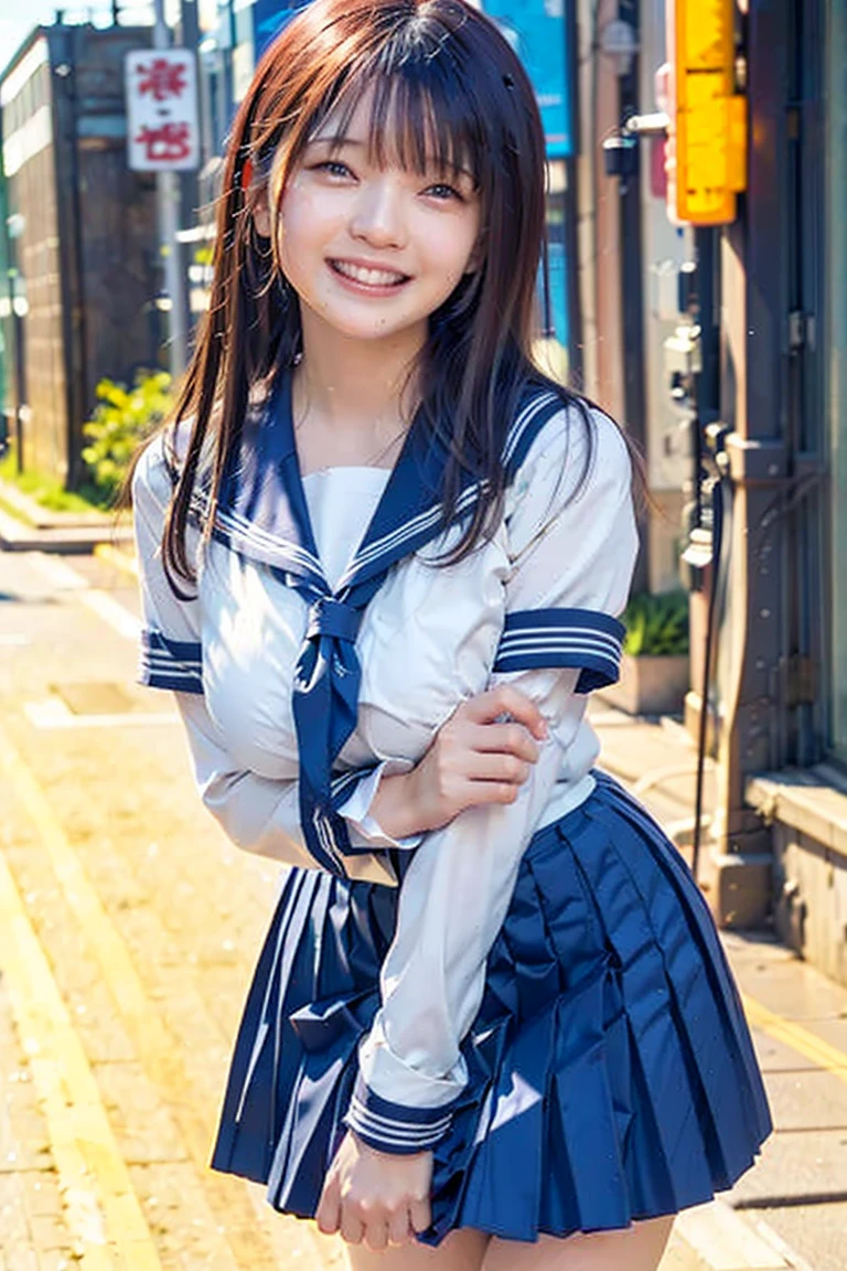 Body 8 times longer than head, (High-definition CG Unity 8K), (highest quality),(very detailed),(ultra high resolution), black hair, sailor suit, 紺色のsailor suit, sailor suitを着た女子高生, Dark blue skirt, anime 2d rendering, realistic young , ((white headband)), small breasts, tall, slanted eyes, (school scenery), black stockings, during the day, open your mouth a little, smile, straight hair, long hair, face detail drawing, small face,