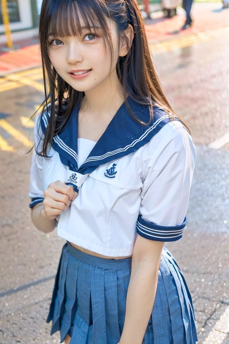neat college girl, (school uniform, sailor uniform, ribbon tied at chest, summer uniform, upper body white, skirt is navy blue), outside the athletic field, (slim), photorealistic, detail, skin texture, ultra detail, delicate and sexy collarbone, smile, super detailed face, detailed lips, detailed eyes, double eyelids, small breasts, small breasts, small, flat breasts, breast emphasis