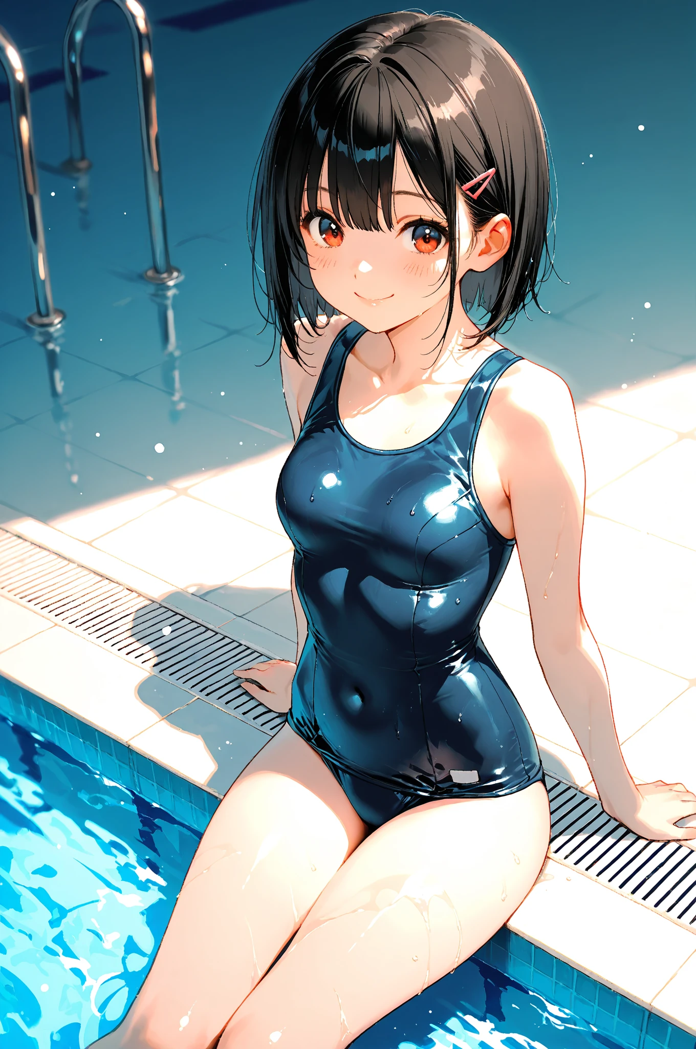 1 Girl, Watery Big Eyes*Sukumizu*Wet Hari*Hair Spread Out*Ear Stud*Swimming Pool, lora:add_detail, big chest, thick legs, big thighs, standing