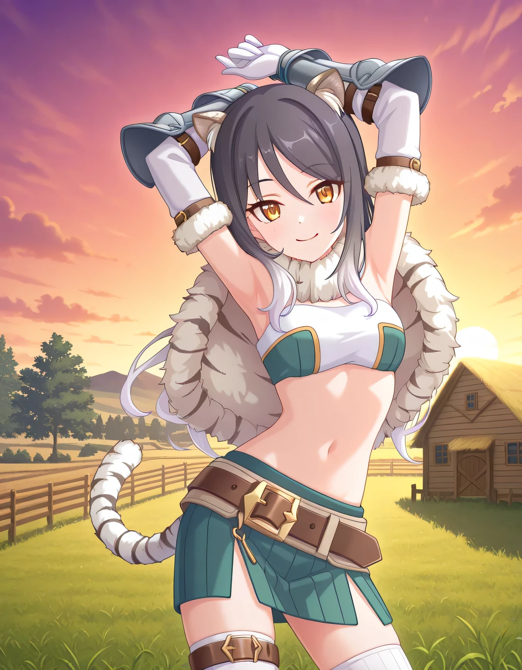 pcrshio, animal ears, animal ear fluff, black hair, gradient hair, yellow eyes, tiger tail, striped tail, pshiodef, fur-trimmed capelet, bare shoulders, two-tone bandeau, midriff, brown belt, green skirt, pleated skirt, pencil skirt, miniskirt, elbow gloves, vambraces, white thighhighs, thigh belt, anime screencap, high quality, solo, sunsetting, farm, grass, arms up, armpits, ((contrapposto)), closed mouth, cowboy shot, looking at viewer, smile, best quality
