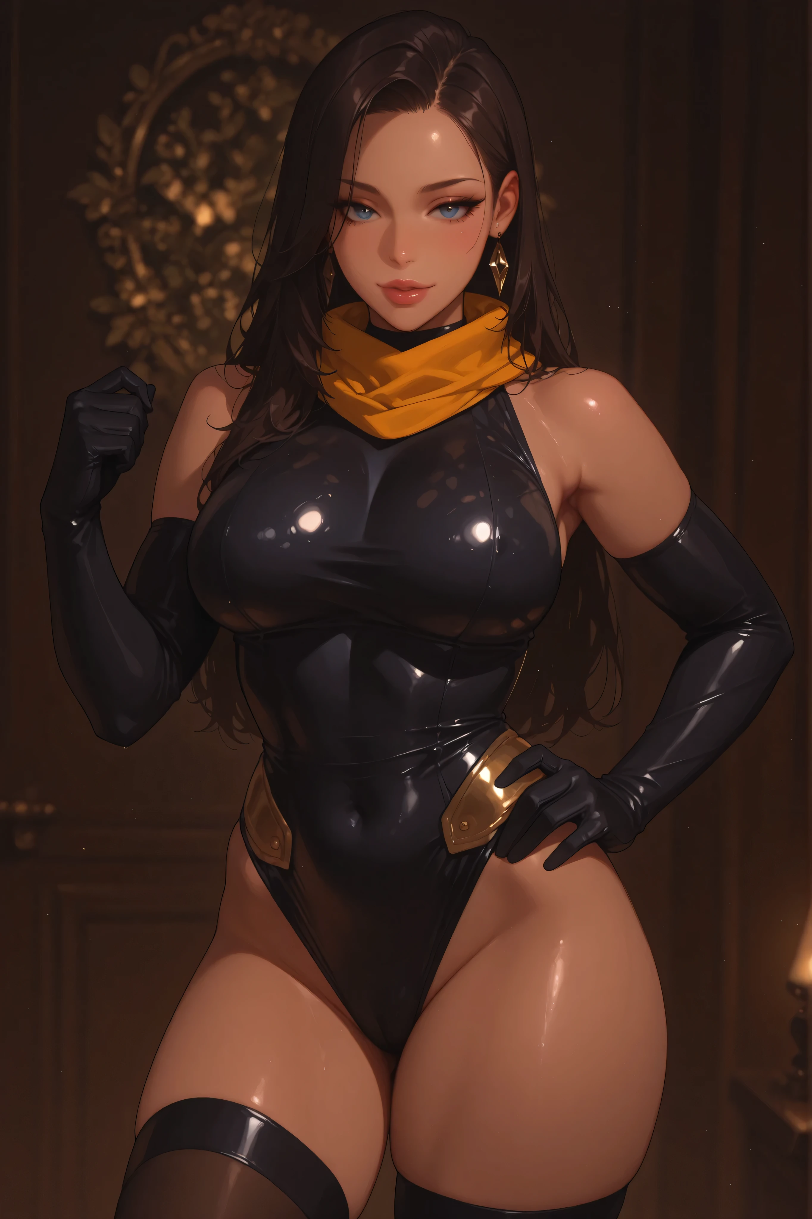 Appearance:
Race: Female Dark Elf
Skin: Dark
Eyes: Blindfolded
Expression: Smiling
Mouth: Closed
Body Type: Maternal
Chest: Large, covered with clothing
Pose:
Standing by a wooden pole, looking down at the viewer