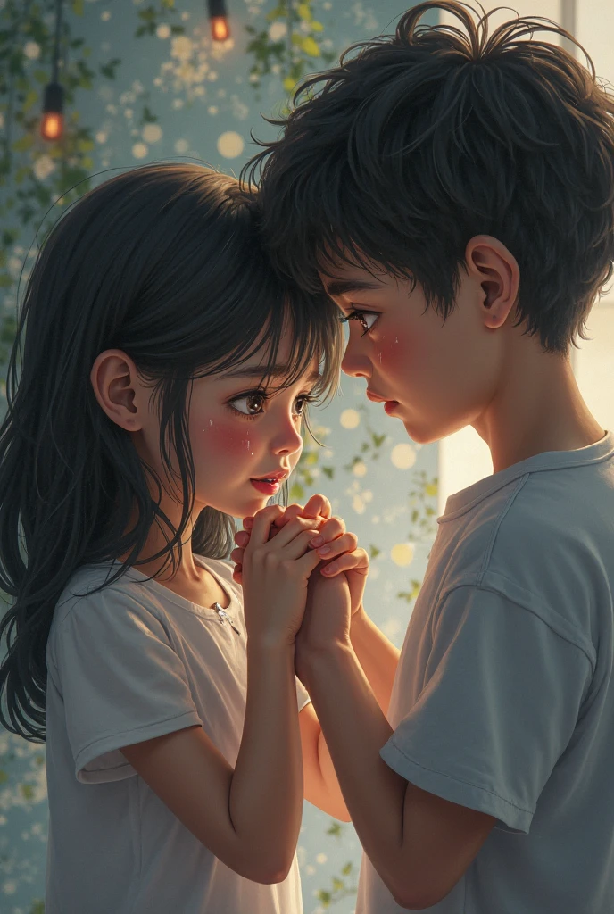 A boy is applying oil to a girl's hair while she is sitting at his feet and hair is flowing on her head.