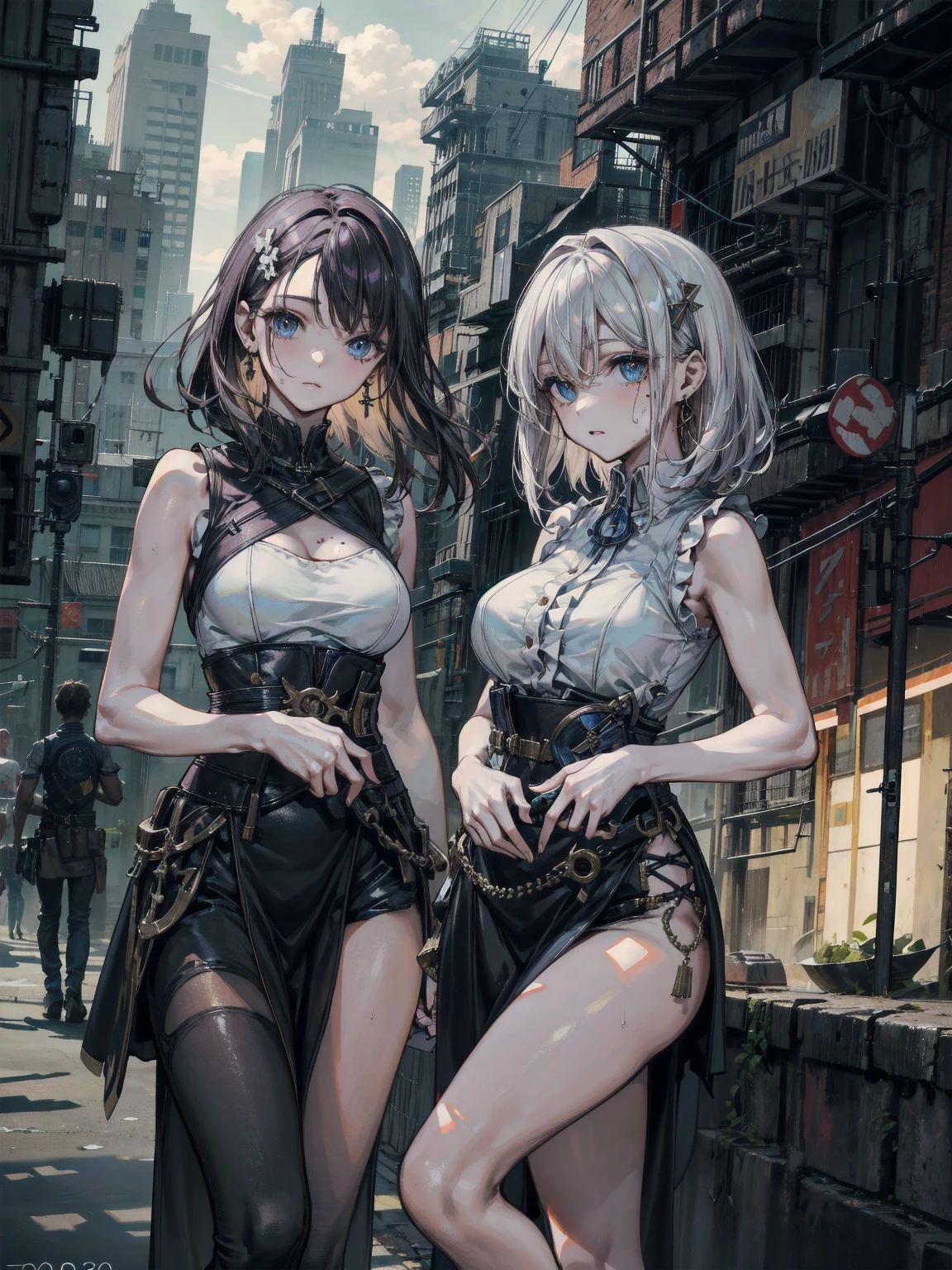yuri, (2 girls), absurdres, RAW photo, extremely delicate and beautiful, masterpiece, Best Quality, ultra high resolution, 32k, hyperrealistic, ultra-detailed, detailed description, perfect anatomy, pale skin, 20 years old, detailed beautiful face and eyes, tearful mole, earring, short medium hair, wavy hair, whole body shot, big tits, tight skirt, cropped T-shirt,