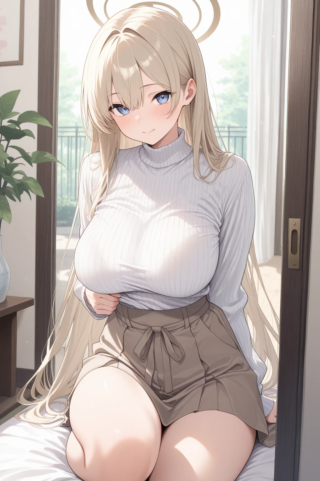 (8k、Best image quality、highest quality、masterpiece)、Detailed face、One girl、((Brown skin:1.3))、Blonde、Long Hair、blunt bangs、Grey Eyes、evil smile、((Grin))、Large Breasts、((white sleeveless turtleneck))、((denim pants))、Cowboy Shot、Bedroom Background
