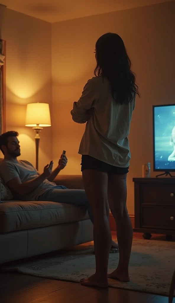 A guy watching a semi-naked woman on TV