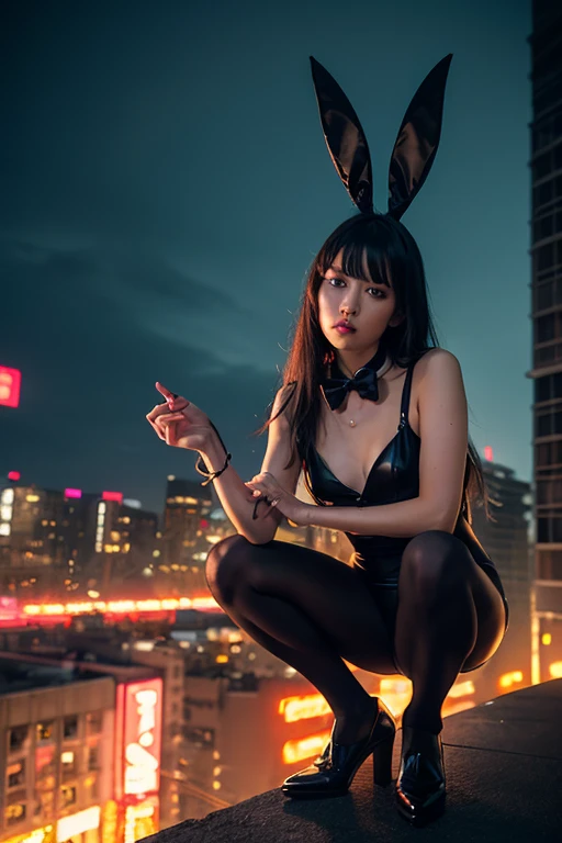 Woman in black stockings and heels,young and cute girl, wearing in stocking,Sexy Girl, Lovely woman, pantyhose, 8K,top-quality、超A high resolution、女の子1人、Black Choker、(huge-breasted:1.2)、, Blonde long hair, bunnygirl, Wearing Usa ears,Photo, background is city at night,Live action,japanes,独奏,Beautiful expression,Sitting with your buttocks on the ground,Embarrassed look,troubled look,Cheeks pale pink,Thigh opening