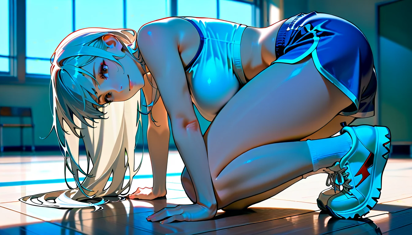 (quality)), ((masterpiece)), Recommended resultsluffly、(see through:1.5)、full body lesbian、Squat down、、straighten your back、(Keep hips forward:1.)、、spread  、The slender one、huge tits、angle to floor:1.2、low camera angle、There  white liquid flowing out of the crotch、Whole body facing the camera，Pink latex，blond，yoga clothes