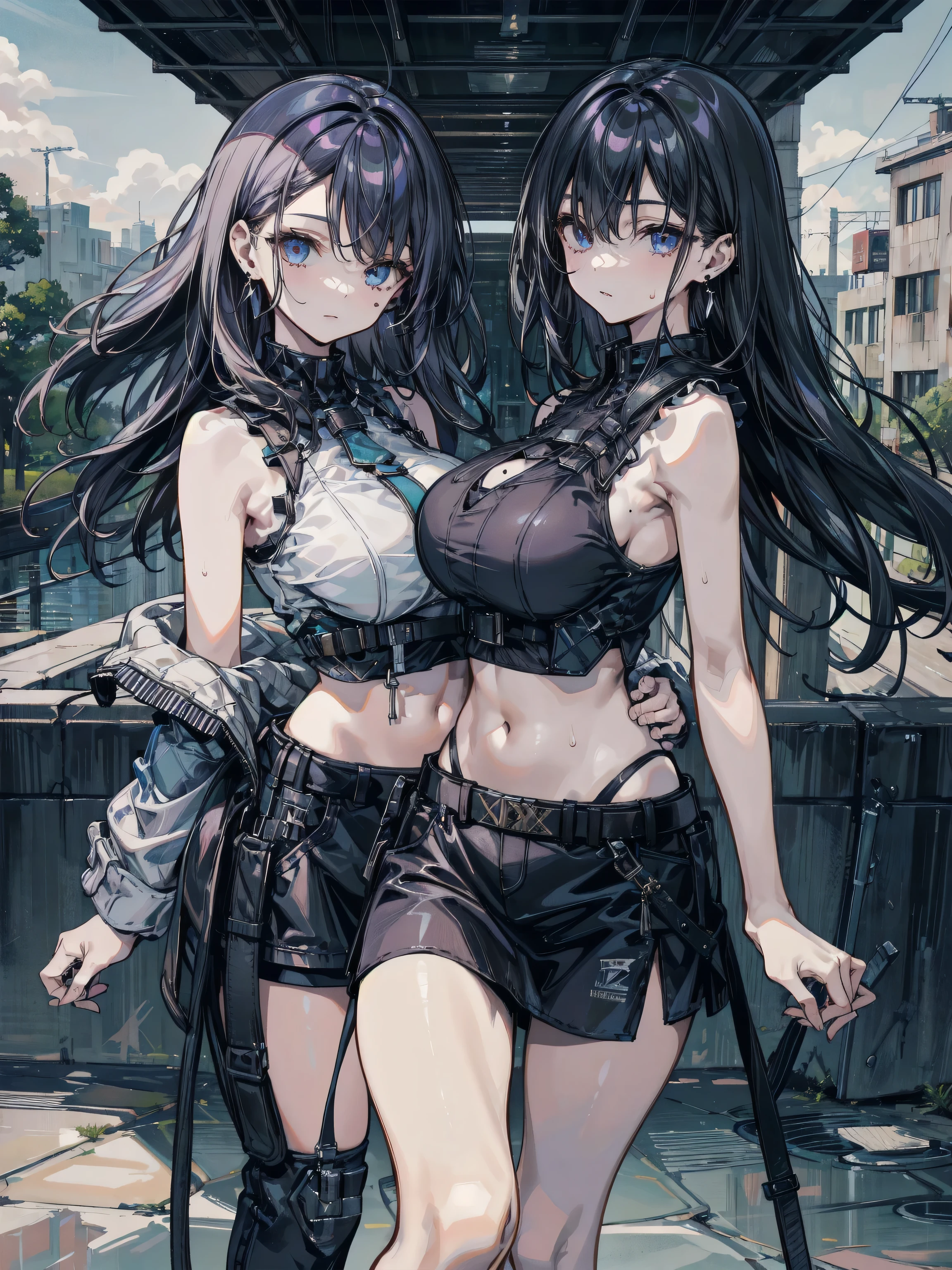 absurdres, RAW photo, extremely delicate and beautiful, masterpiece, Best Quality, ultra high resolution, 32k, hyperrealistic, ultra-detailed, in her 20s, delicate facial features, tearful mole, earring, medium breasts, whole body shot, shorter middle hair, black hair, Sleeveless shirt, shorts,