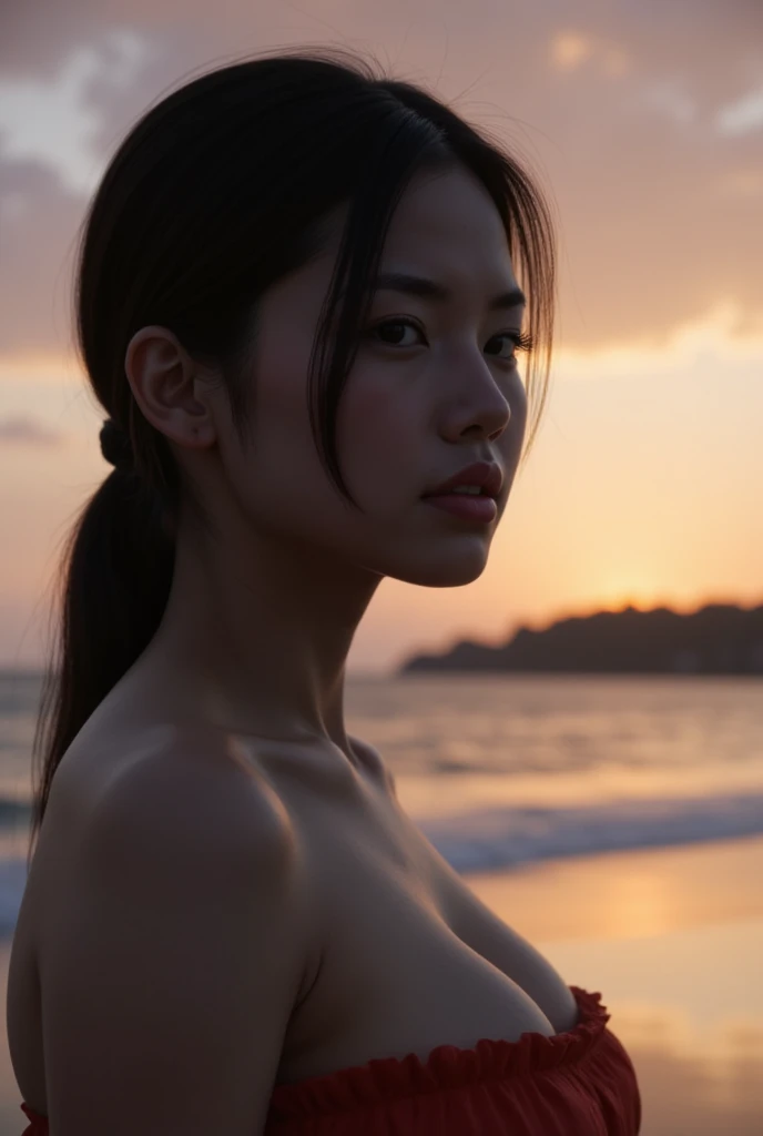 Kasumi, brown eyes, (best quality, ultra-detailed), (realistic:1.37), beautiful and detailed face, ultra-realistic texture, delicate face, delicate body, red lipstick, bright colors. High definition, 8K,