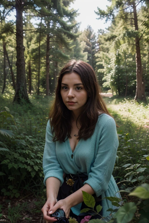 shot of emilia clarke extremely long red hair, bright green eyes, ivy poison from dc, big neckline, old dirty red jacket with an opening, small vines around the body, enjoying the plants in a beautiful garden, lying on the grass, photorealistic, cinematic, overcast, full body angle, sunlight, 4k resolution, hyperdetailed, cinematic scene composition by james gunn