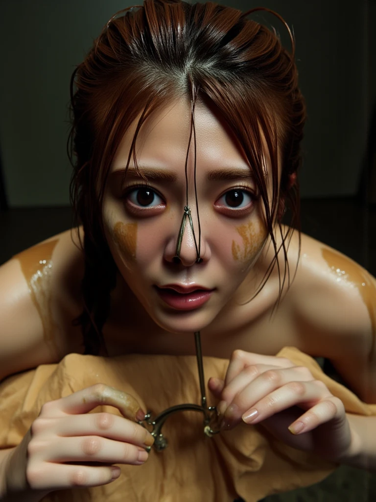 A huge carnivorous parasite ripping a girl in half inside a room