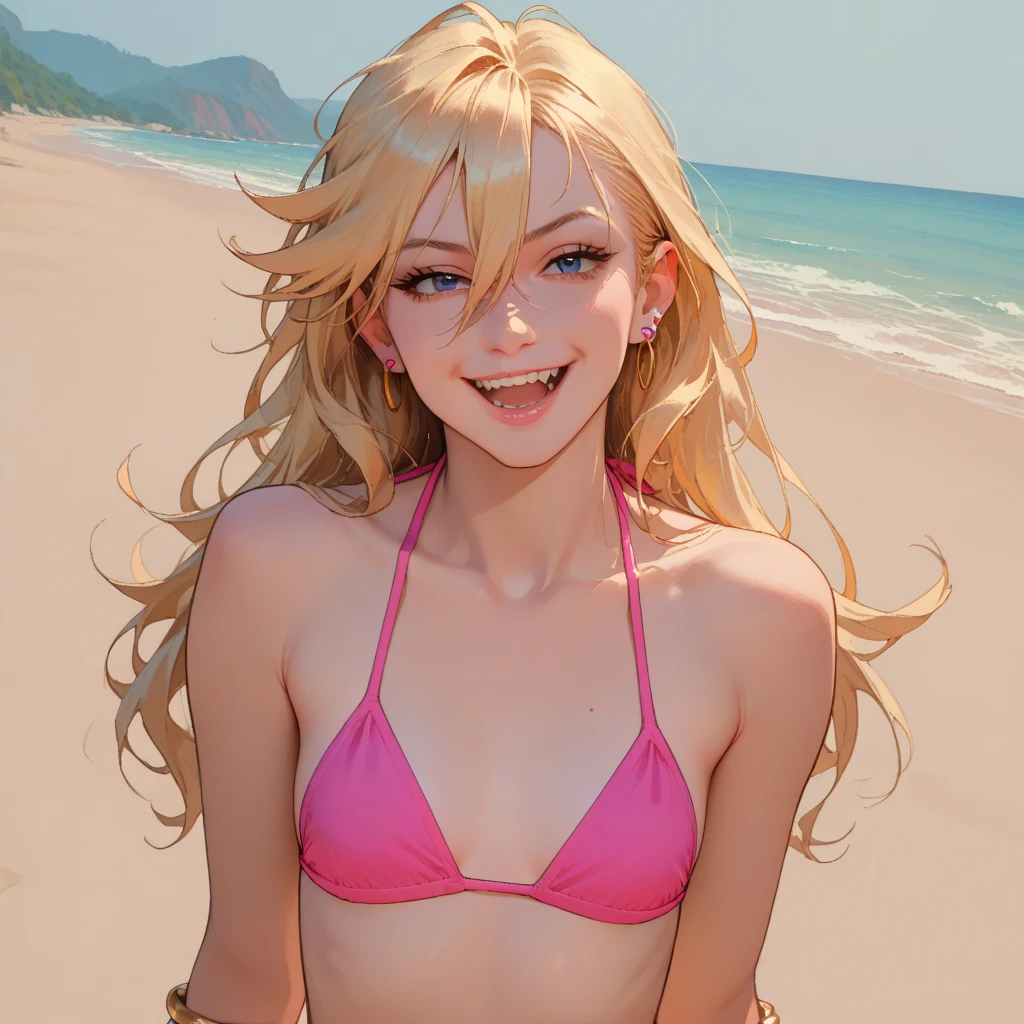 One person, smile, Blonde, Large Breasts, anime, High resolution, 最high quality, high quality, Textured skin, Shortcuts, Sticking out tongue, sunglasses, Ocean,Beach,bikini,Palm tree,sexy,
