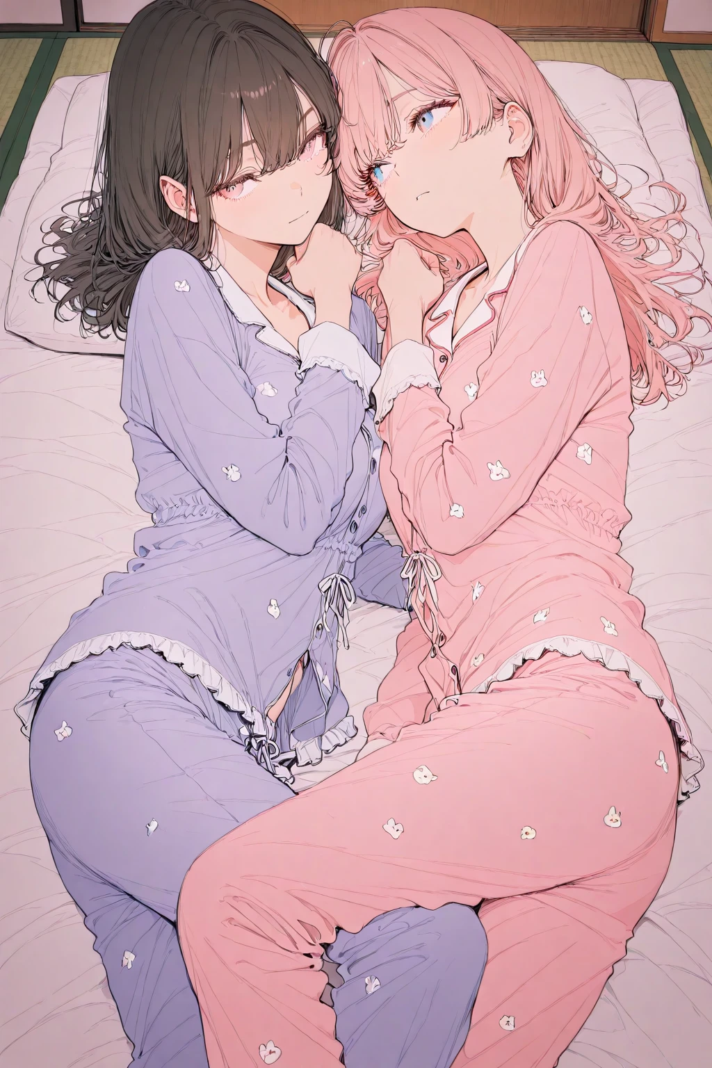 I would like a picture that shows two girls in a bed. One of them is lying down with long pink hair, green eyes, innocent look and is wearing pajamas with a half-undressed bunny design. The other girl long black hair, gray eyes, dominant look is leaning over her, giving her a kiss on her belly with desire, anime