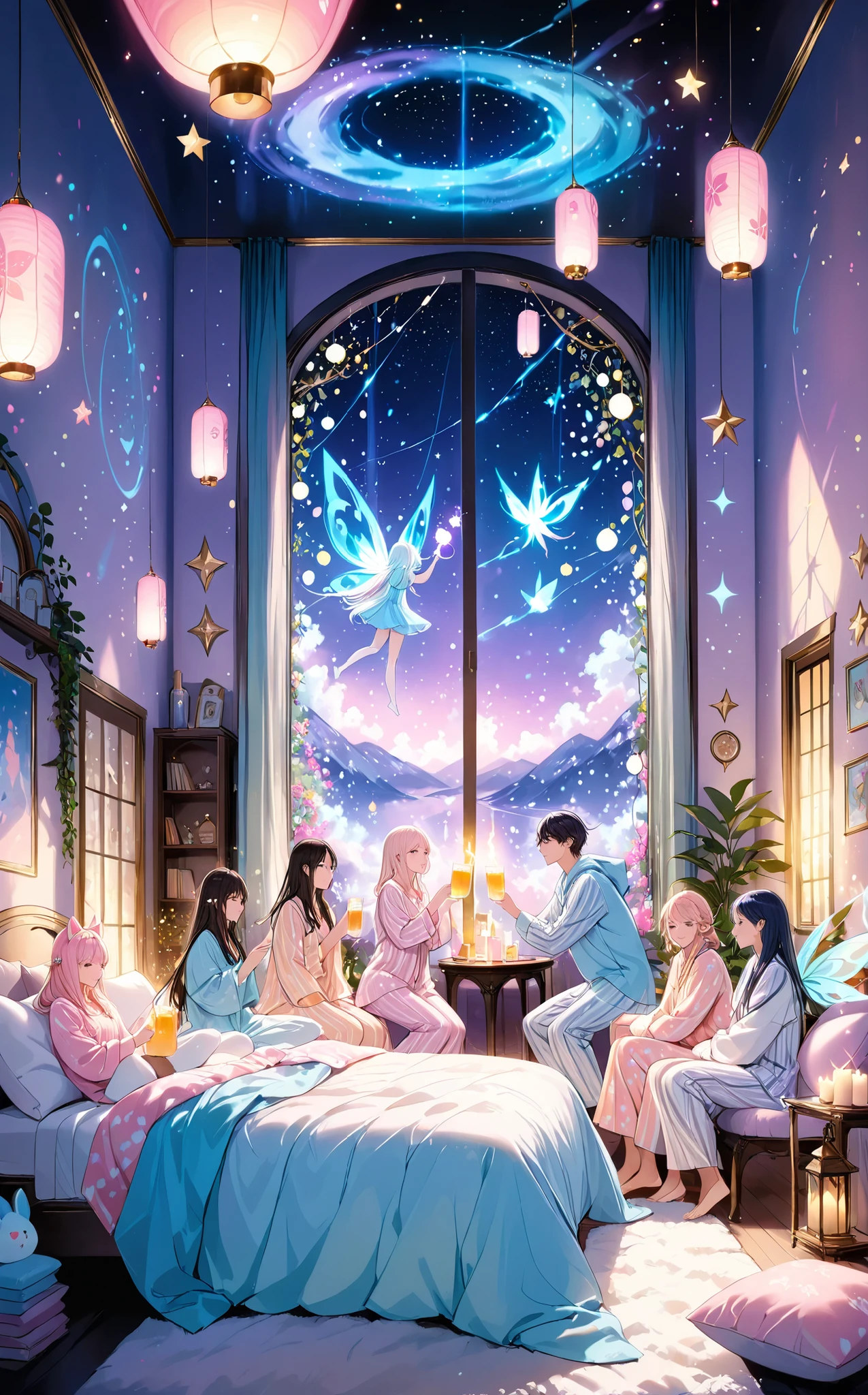 A magical and whimsical pajama party scene with a diverse group of people in colorful, imaginative pajamas, gathered in a cozy, enchanted room. Some are floating on pillows mid-air, others sipping glowing drinks, playing with enchanted plushies or telling stories by candlelight. The room is filled with floating lanterns, starry curtains, twinkling fairy lights, and mystical symbols on the walls. The atmosphere is dreamy and soft, with pastel tones, a hint of sparkle in the air, and a surreal fantasy vibe — like a sleepover in a dream realm