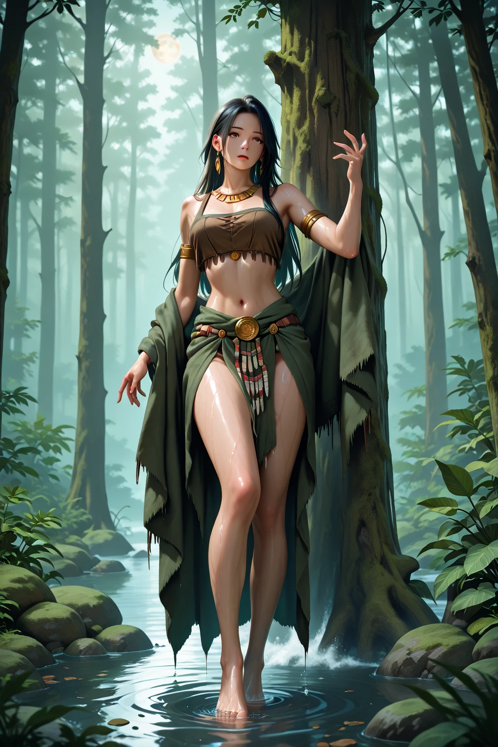 （digitial painting），（best qualtiy），Close-up of a beautiful woman，（（（The bow and arrow are pulled in the hand,））），Primitive tribesmen dressed up，There is only a grass skirt on the body，Deerskin chest，No other clothing，Barefoot，In tropical primeval forests，Green moss，Small rivers，grape trees，Huge trees，Cover the sky，Fallen trees，8K hyper-realism，Strong color scheme，gentle illumination, prime time, Enigmatic Atmosphere,