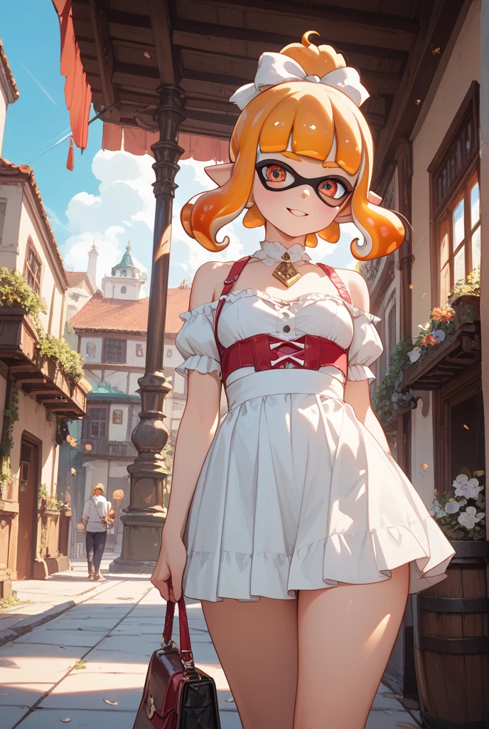 ((masterpiece,best quality)), absurdres,1girl,  braided ponytail, pink dress, blue eyes, solo, smiling, looking at viewer, cowboy shot, cinematic composition,