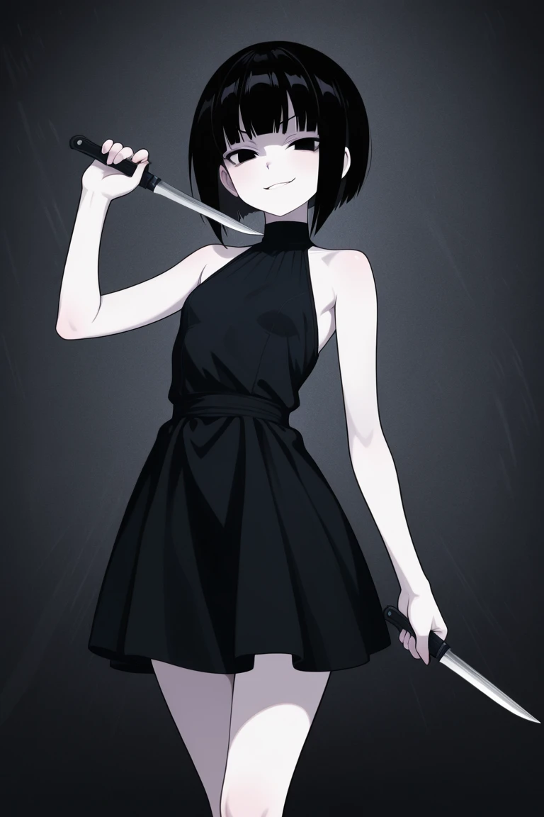 Young girl of 19 years old, emotionless and cold look, blue eyes, gray eyes as if she were blind, long eyelashes, perfect nose, small lips with red makeup, round face, Very marked black eyeliner, you can notice dark circles under her eyes, she wears an elegant black sleeveless dress, showing her arms with thin scars from cuts,Thin and well-kept hands, flat chest, body without sexy curves, thin and fragile legs,Short hair, bob style cut,White gloves, a small purse, and dark sunglasses over her hair,Soft and slightly pale skin, He has a small, almost imperceptible smile,tall height 1.74cm, he wears a cat barrette in her hair, her cuts look more recent on her arm.He is in a mansion with low lights