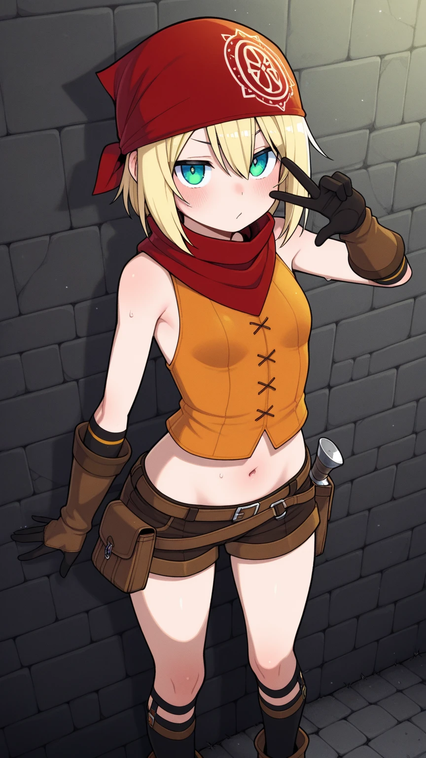 flat chests, nsfw, masterpiece, 1 girl, erect nipples, intricately detailed, topless, navel, bare shoulders, necklace, blonde, short hair, baggy pants, dwarf, leather belt, hammer, blacksmith, smithy, stones, rocks, extremely detailed, photorealistic, octane render, 8 k, unreal engine, bare breasts, nipples, yellow eyes, head goggles, bare stomach, sweaty, moist breath, ((child)), arm strap, fire, one side braid, 1 ear exposed, bangs, bandana, short stature, smiling, freckles, gloves, fireplace, cargo pants, petite, goggles, green pants