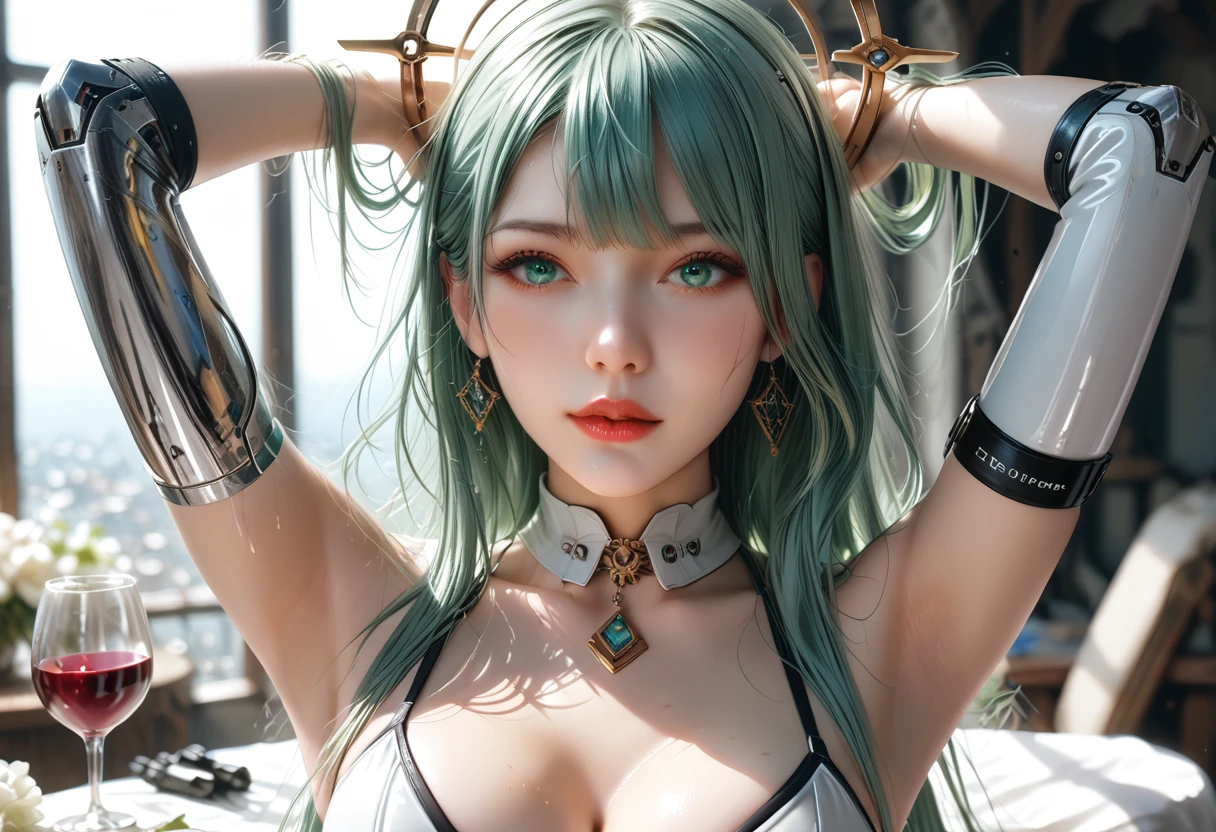ph_mobius, poorbackground, 1girl, solo, looking at viewer, long hair, green hair, bangs, green eyes, bare shoulders, outdoors, blue sky, jewelry, breasts, earrings, cleavage, sleeveless, sleeveless dress, dress, single earring, hair between eyes, wavy hair, grey eyes, swimsuit, hair ornament, small breasts