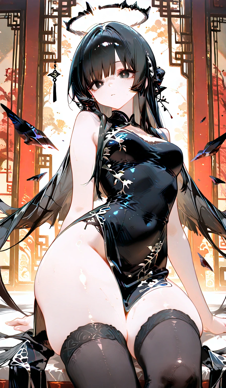 delicate and beautiful CG artwork),(best quality, ultra-detailed, high resolution),(dynamic angle, dynamic lighting),(1 character),(long blue black hair), red eyes, beautiful face),(black transparent stocking),(devil) (long sideburns), clouds, stars,