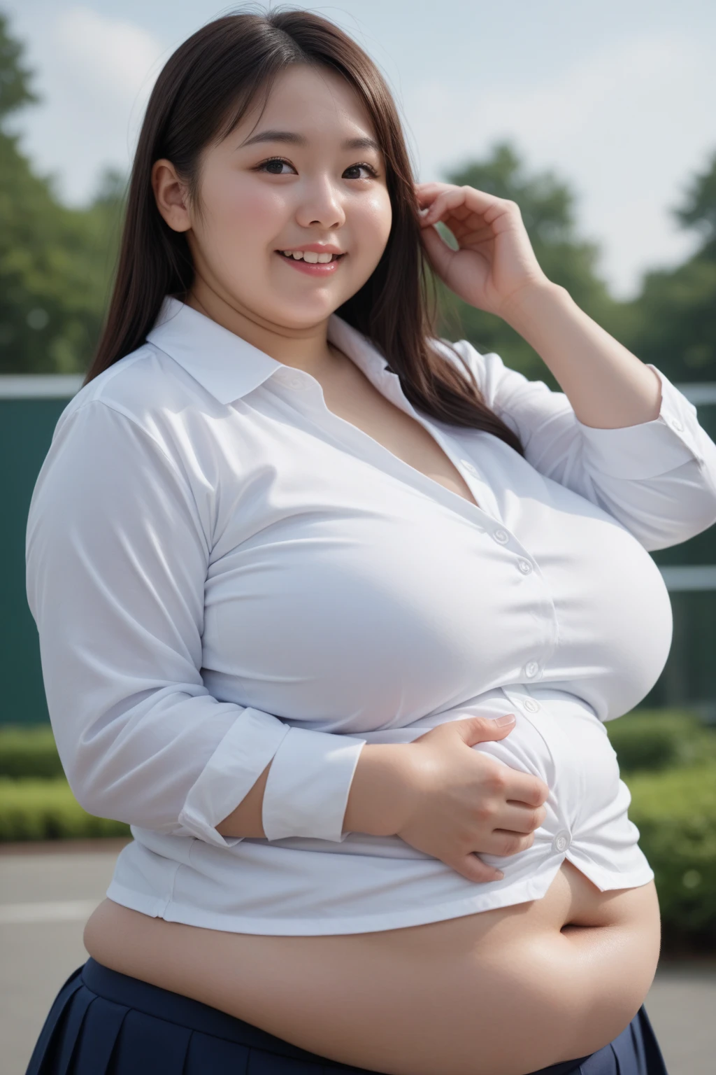 1 female, ((Overweight)), ((extremely fat)), ((Chubby)), One-shoulder dress, Japanese, road, 8K, highest quality, 超High resolution, (Surreal)、(High resolution)、(8k)、(Very detailed)、(Beautiful and Fine Eyes)、(Very detailed)
