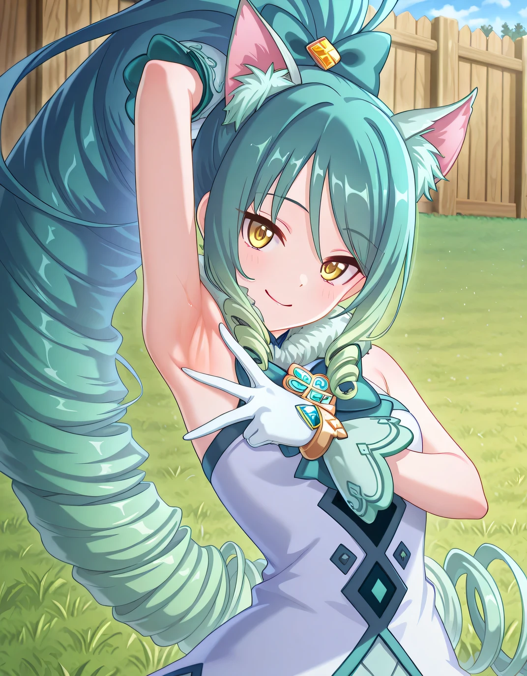 pcrshio, animal ears, animal ear fluff, gradient hair, yellow eyes, pshiomag, green hair, aqua hair, very long hair, ponytail, drill hair, magical girl, hair bow, fur collar, sleeveless dress, bowtie, club \(shape\), jewelry, white shirt, anime screencap, high quality, solo, sunsetting, farm, grass, <lora:spread-armpit-illustriousxl-lora-nochekaiser:1>, spread armpit, armpits, armpit focus, v, ((contrapposto)), closed mouth, upper body, looking at viewer, smile, best quality