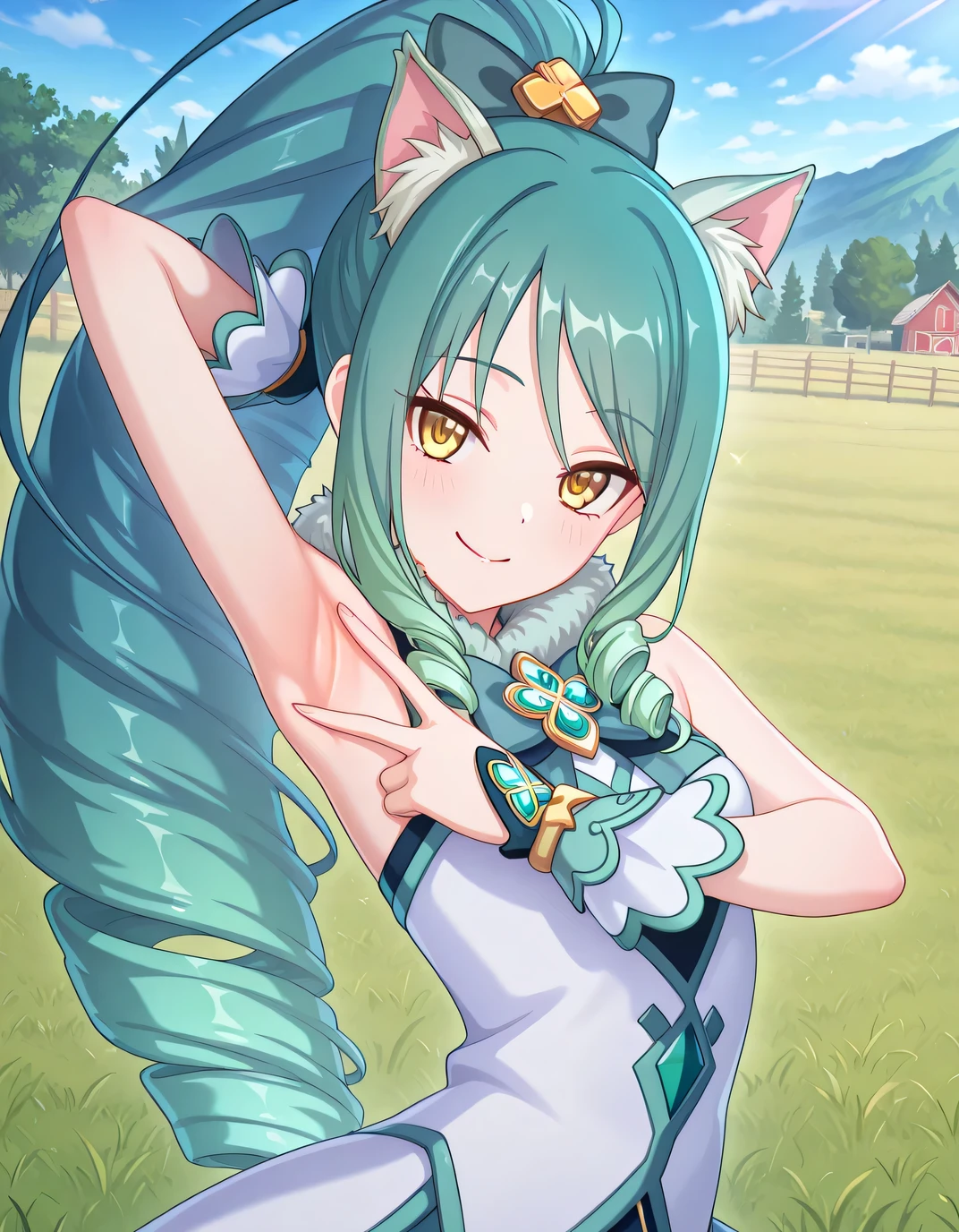 pcrshio, animal ears, animal ear fluff, gradient hair, yellow eyes, pshiomag, green hair, aqua hair, very long hair, ponytail, drill hair, magical girl, hair bow, fur collar, sleeveless dress, bowtie, club \(shape\), jewelry, white shirt, anime screencap, high quality, solo, sunsetting, farm, grass, <lora:spread-armpit-illustriousxl-lora-nochekaiser:1>, spread armpit, armpits, armpit focus, v, ((contrapposto)), closed mouth, upper body, looking at viewer, smile, best quality