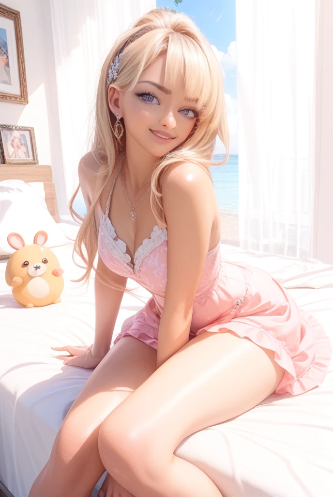 1 girl, tanned_skin, ((white hair)), one bun hairstyle, large ass, wearing a cute pink dress with lemons pattern, full lips, pretty long eyelashes, pretty eyebrows, soft looking skin, wearing one black velvet choker around her neck, realistic bedroom, masterpiece, wearing white diamond earrings, sitting on bed, looking at viewer, ((blue eyes))