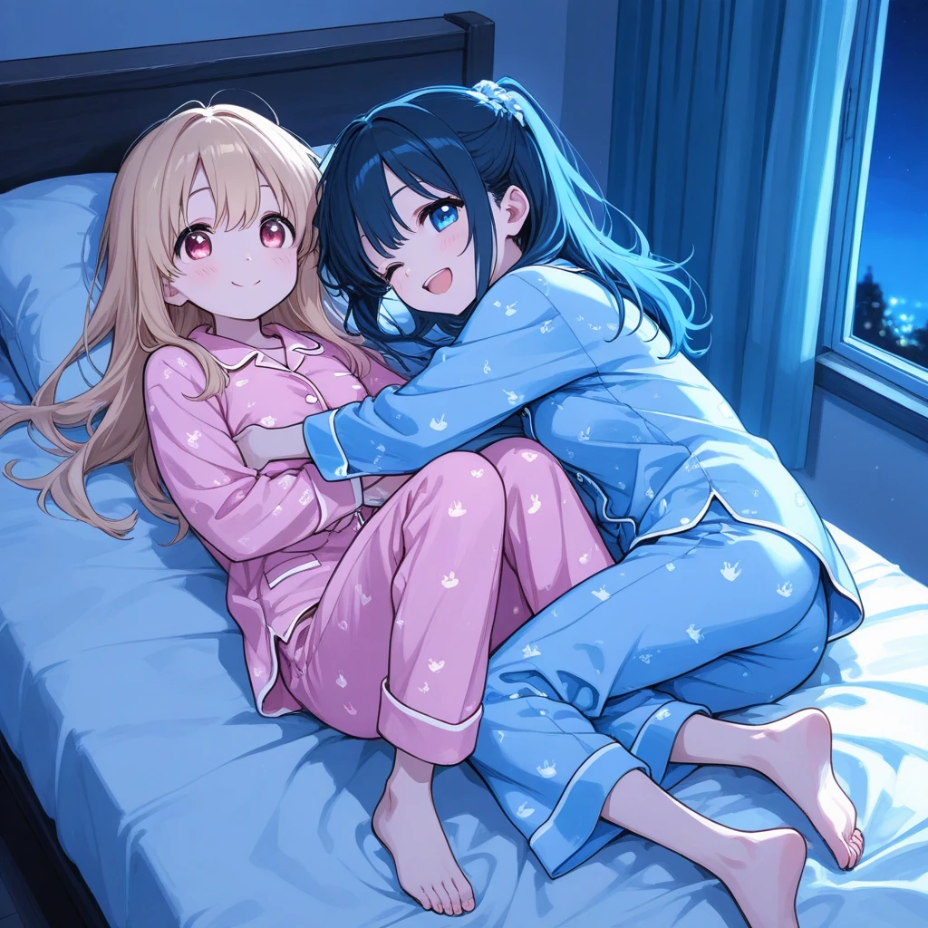 an adult girl, Blonde, blue eyes, loose hair, lying in her bed with a somewhat sick face, in pink full body pajamas, There is an adult boy next to her sitting on the bed to take care of her., black hair