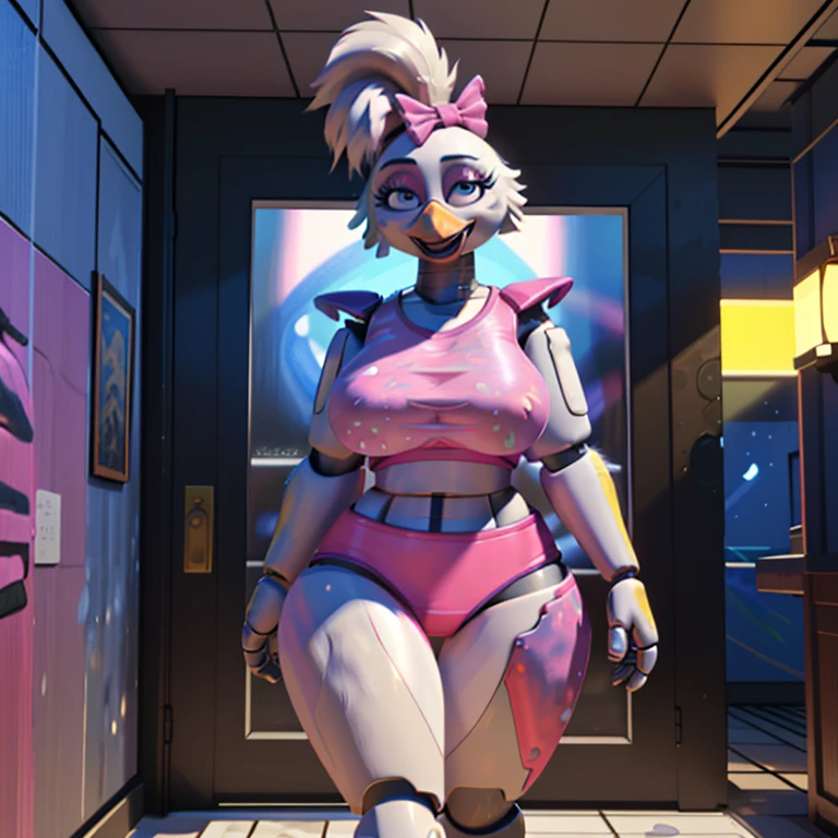 (masterpiece), ((perfect anatomy)), (high Res), (4k), Chicken, huge breast, wide hips, (robot), (animatronic), (((latex pink shirt))), (((latex pink shorts))), happy, ponytail, (((((hyper realistic artstyle))))), (((solo))), narrow waist