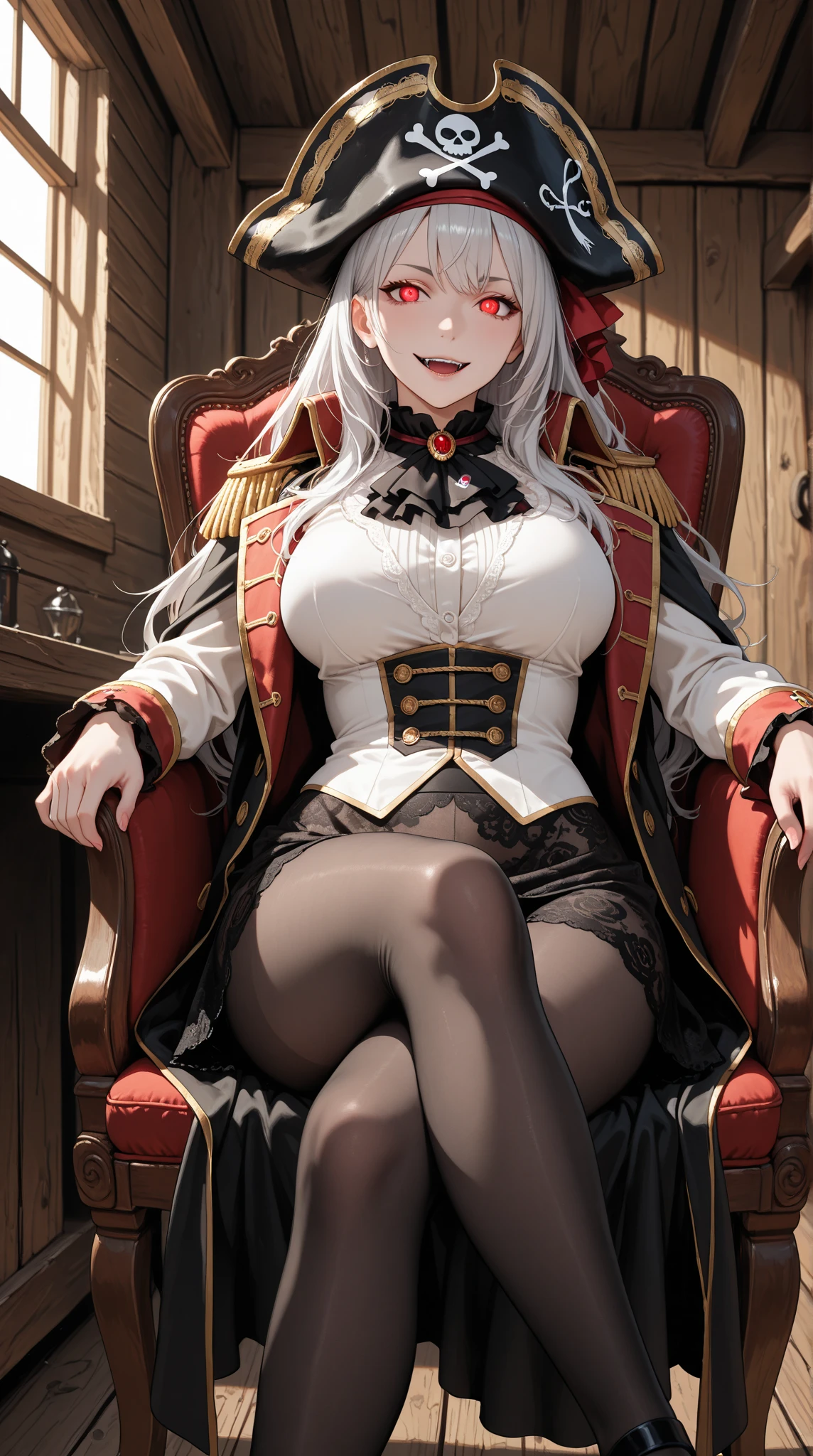 full body, solo, 1girl, looking at viewer, silver hair, long coat, short dress,corset, pantyhose,red eyes,long hair,
braid right side ponytail, mature female, (masterpiece), detailed hands, detailed eyes, beautiful face, beautiful eyes, perfect hands, looking at the viewer, left hand resting in her chest, right and posing, orange eyeshadow, shinny high heels, covered eye