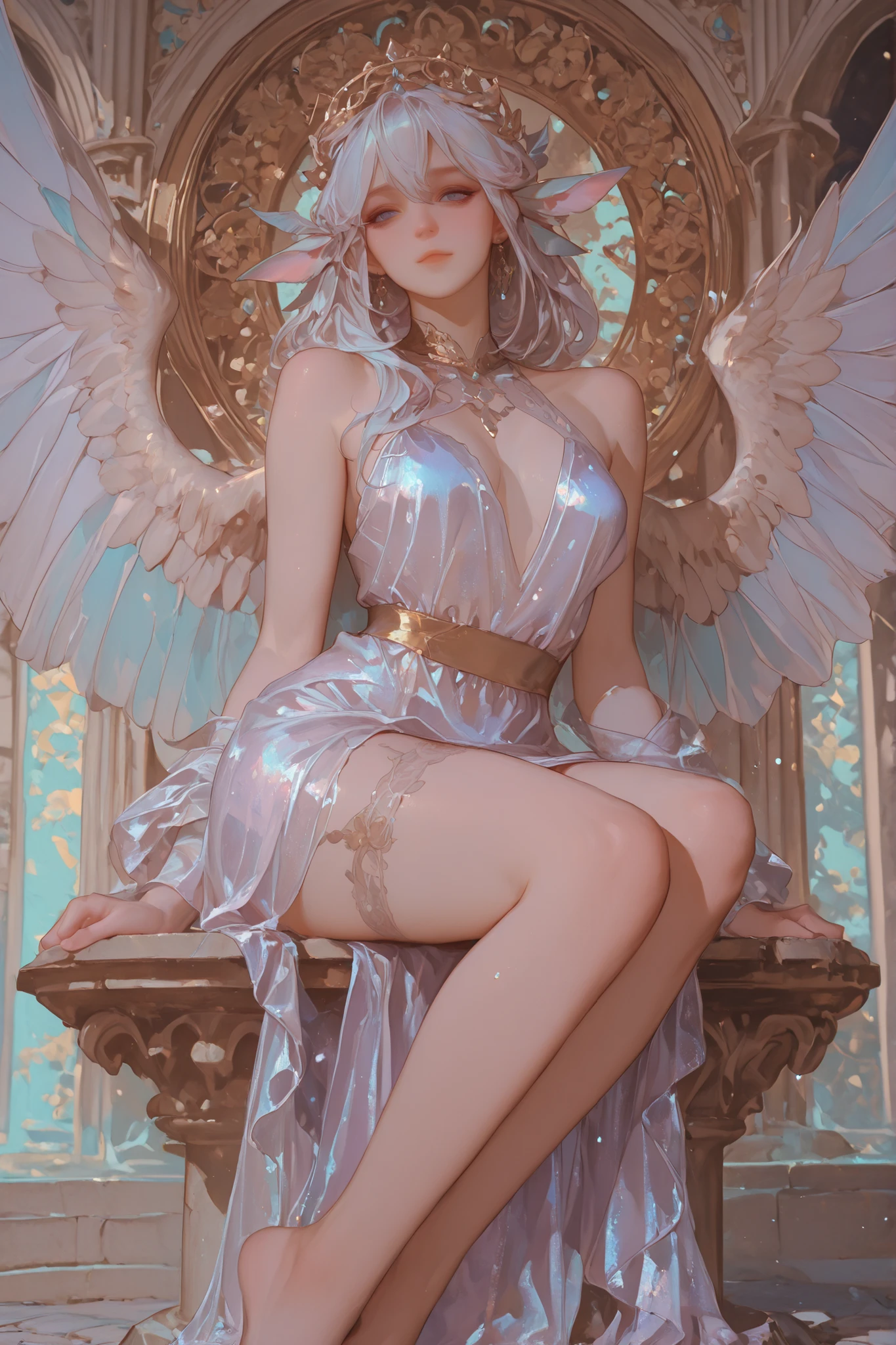 Castle in the distance、The face is front、Looking at the camera、profile、8K、realphoto、超A high resolution, Master Parts, Best Quality, nffsw , cinematic images,Lovely girl、ann、16 only、annグロサクソン、二重まぶた、drooing eyes、Very big eyes、Eyes purple、Dark eye shadow、The lips are very thin、The tip of the nose stretches beautifully.......................、small nostrils,,,,, ighly detailed , Silver hair、Straight short hair、ssmile、 Sweet look 、a very beautiful woman、legs are long、 Very clear shadows , jewely , A sexy , A detailed eye, very intricate, shiny skins , パーフェクトブリリannト, Perfect Lighting, Dramatic shadows、White tiara on head、Gold necklace around the neck、White aristocratic dress with gold embroidery、Glass High Heels、Angel White Wings