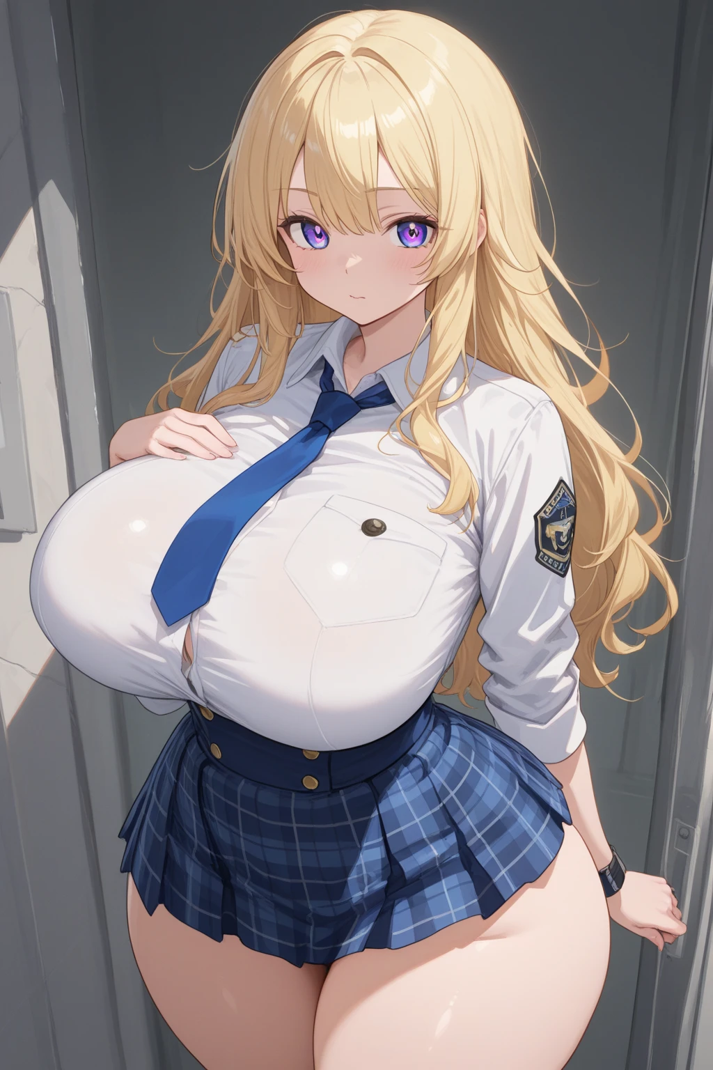 best quality,ultra-detailed,(realistic:1.37),cute and hot (schoolgirl:1.1) with (huge:1.1)(disproportional:1.1)  almost spilling out,(big:1.1) breasts,narrow waist,wide hips,microskirt,side-tie panties,short top,covered nipples,Shuz style,(anime:1.1),vivid colors,soft lighting
