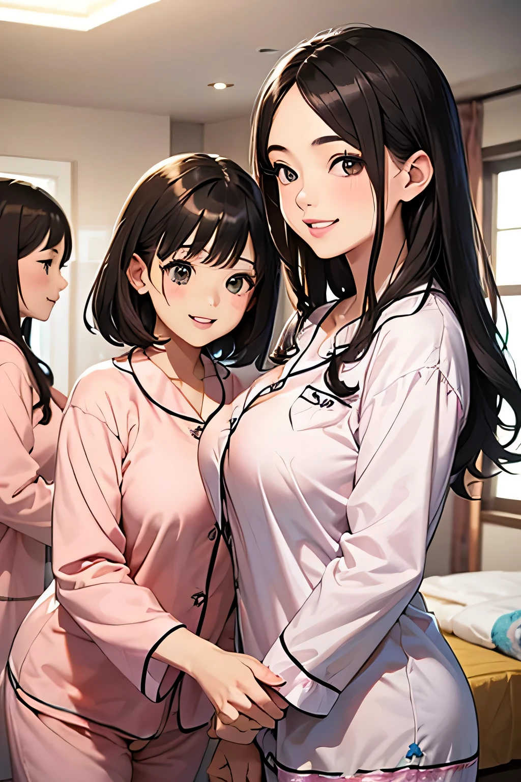 top quality、high resolution、(High Definition:1.3)、masterpiece、detailed background、VERY DETAILED FACE、detailed eyes、Teenage beauty、Anatomically Correct、Perfect Body Line、(huge breasts:1.3)、braided bob cut、In a joking manner、Smile Yan、cute仕草をする、Big Smiles、 (3 girls gather in the room to enjoy a pajama party:1.5)、(3 girls enjoying a girly way to have fun:1.5)、Holding stuffed animals and snuggling up on cushions、The whole room is wrapped in a soft atmosphere of pink and pastel colors、cute